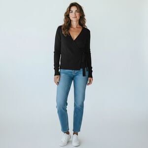 Daisy Fuentes solid Black Wrap V neck Long Sleeve cotton Sweater size L V neck